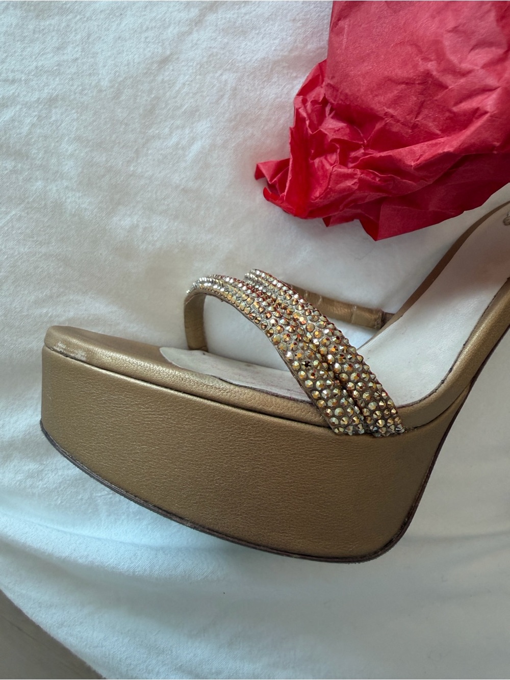 Rene Caovilla Gold Strappy Platform Heels - Women Shoes 6.5 - Picture 4 of 10